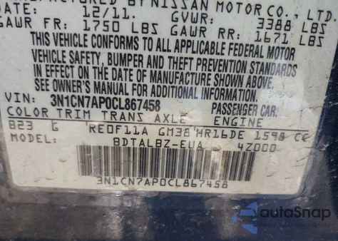 2012 Nissan Versa 1.6 Sv z USA, uszkodzony, nr VIN 3N1CN7AP0CL867458